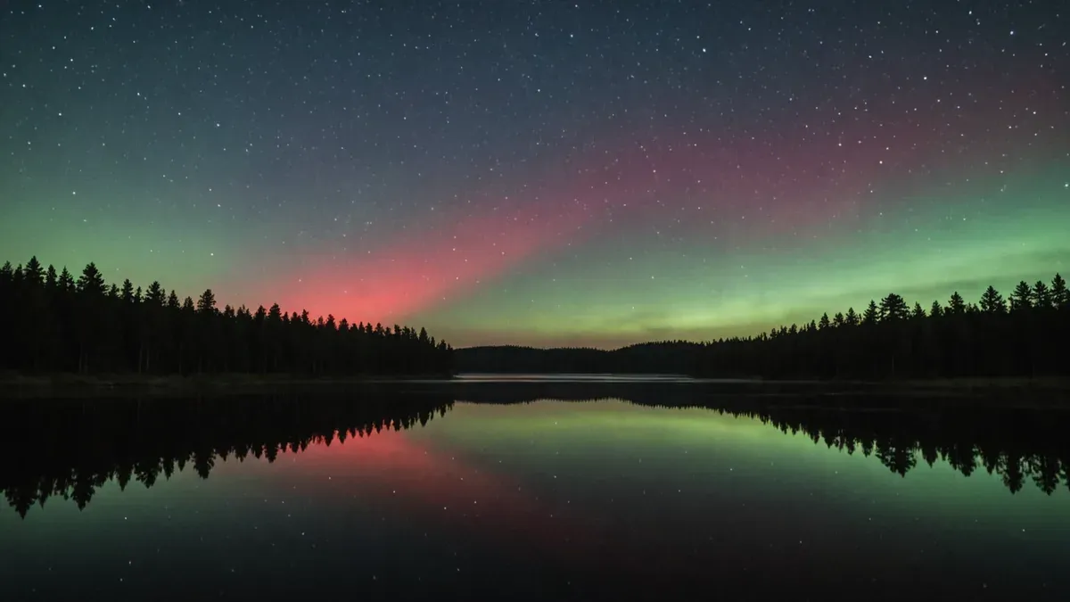 Aurore boréale rouge et verte au-dessus de l'horizon, derrière la ligne sombre des sapins bordant un lac calme qui la reflète