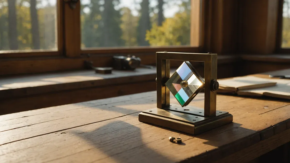 Prisme en laiton posé sur l'établi de bois d'un vieil observatoire, décomposant un rayon de lumière rasante en un fin spectre sur une plaque photographique