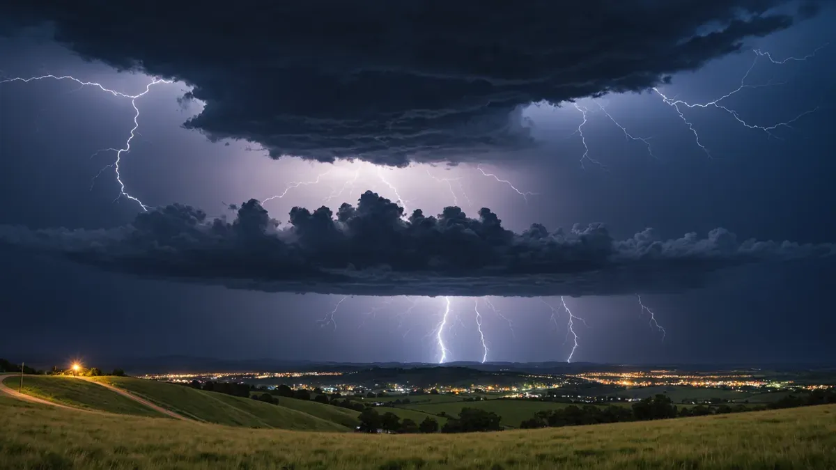 Plusieurs éclairs ramifiés sous la base sombre d'un orage nocturne, au-dessus des lumières d'une vallée habitée, vus depuis une crête herbeuse