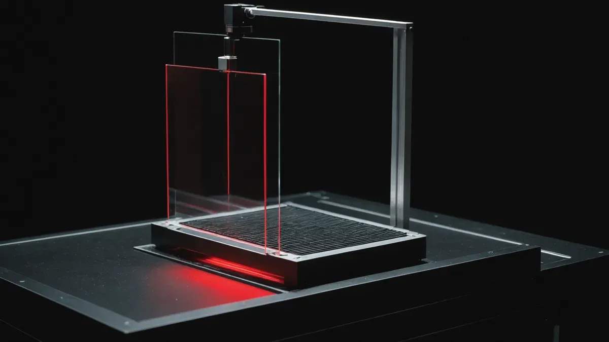 Montage d'optique dans un laboratoire plongé dans le noir : une lame de verre dressée sur une platine striée, traversée par un mince trait de lumière laser rouge, sous un bras de support métallique