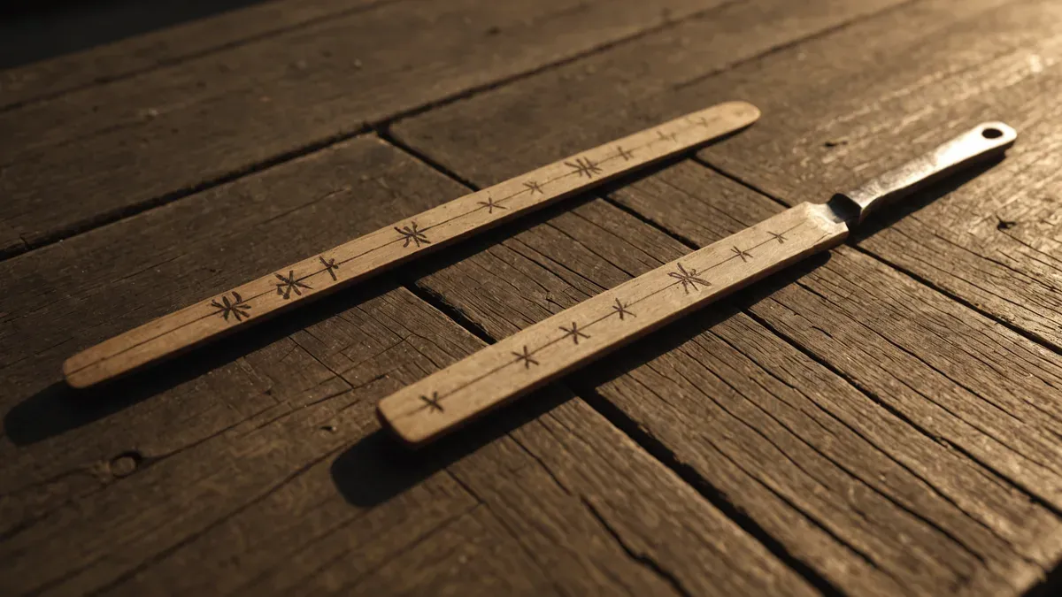 Deux baguettes de bois clair gravées d'une série de marques en croix, posées sur une table de bois usée en lumière rasante