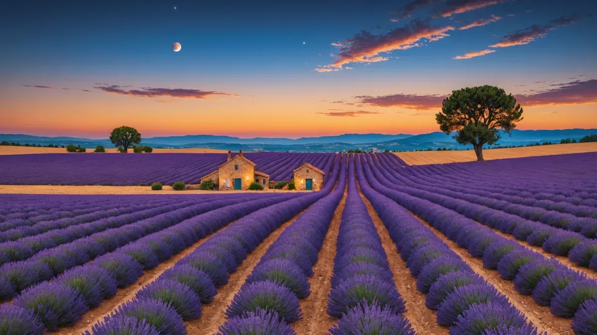 Champs de lavande en rangs au crépuscule, une ferme en pierre au loin, la Lune et deux points brillants dans le ciel orangé