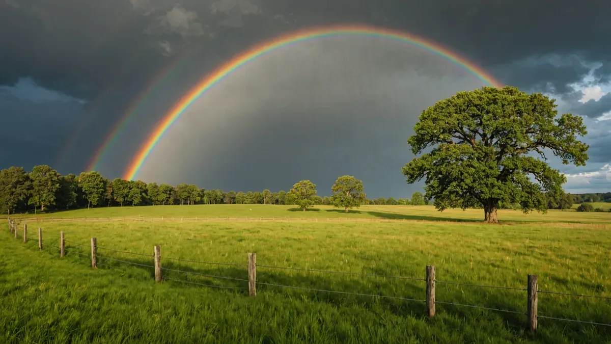 Arc-en-ciel éclatant doublé d'un second arc plus pâle, devant un ciel d'averse gris ardoise, au-dessus d'une prairie clôturée et d'un grand chêne