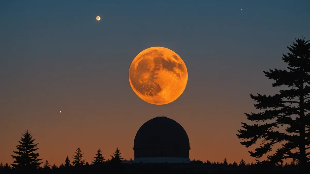 Pleine Lune orangée au ras de l'horizon, au-dessus de la silhouette d'une coupole d'observatoire et de sapins, dans un ciel de crépuscule