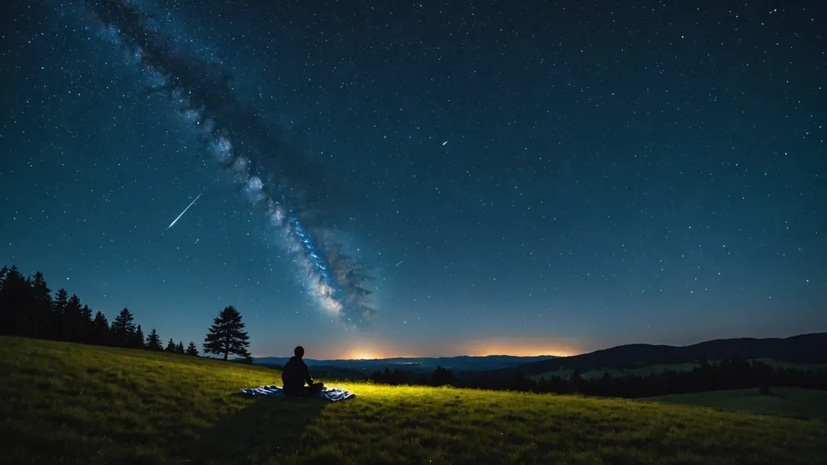 Ciel étoilé traversé par la Voie lactée et le trait fin d'une étoile filante, au-dessus d'une colline où une silhouette assise sur une couverture regarde le ciel