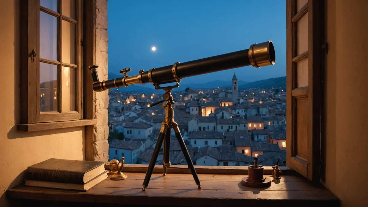 Lunette astronomique ancienne à garnitures de laiton sur un trépied, devant une fenêtre ouverte sur les toits d'une vieille ville au crépuscule