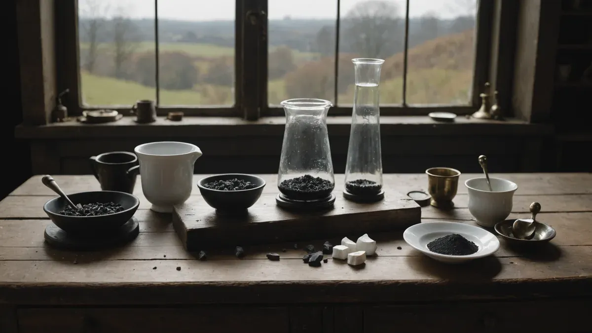 Table de laboratoire ancienne en bois avec des fragments de minerai noir, des coupelles de porcelaine blanche et de la verrerie devant une fenêtre