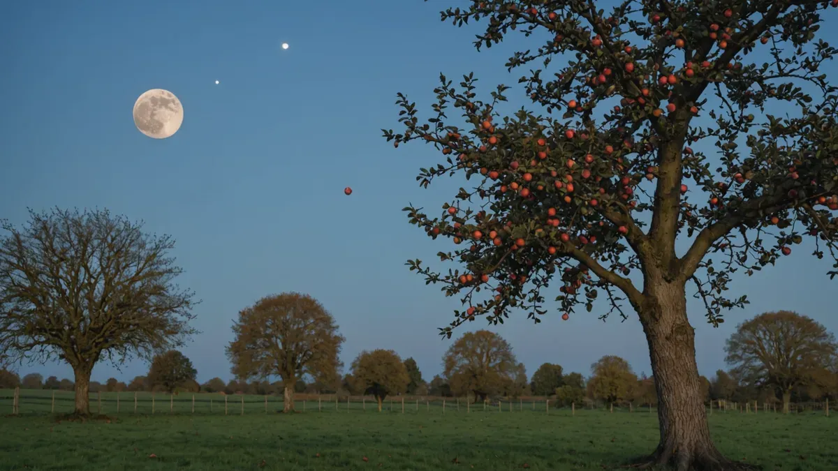 Pommier chargé de pommes rouges dans un pré au crépuscule, une pomme en pleine chute et la pleine Lune dans le ciel