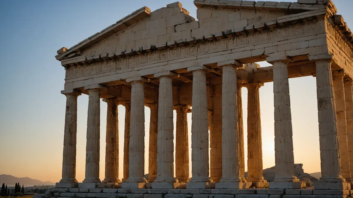Colonnade dorique et fronton d'un temple grec antique en ruine, éclairés par le soleil couchant sur un ciel dégradé bleu et orangé