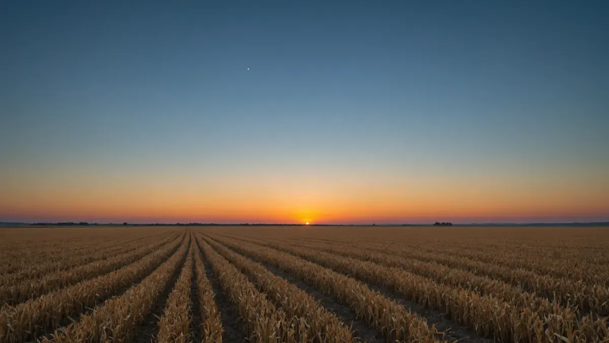 Ciel en dégradé du bleu profond à l'orangé au-dessus d'un champ moissonné, le soleil posé sur l'horizon