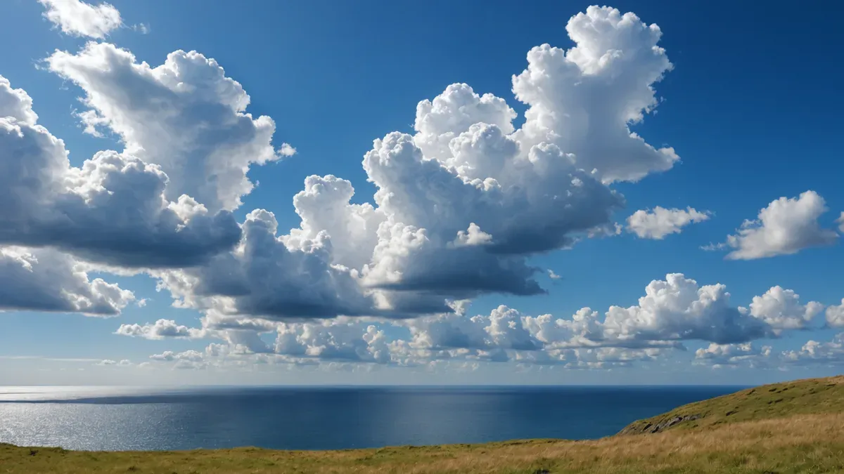 Cumulus d'un blanc éclatant aux bases grises dans un ciel bleu profond, au-dessus de la mer, vus depuis une falaise herbeuse