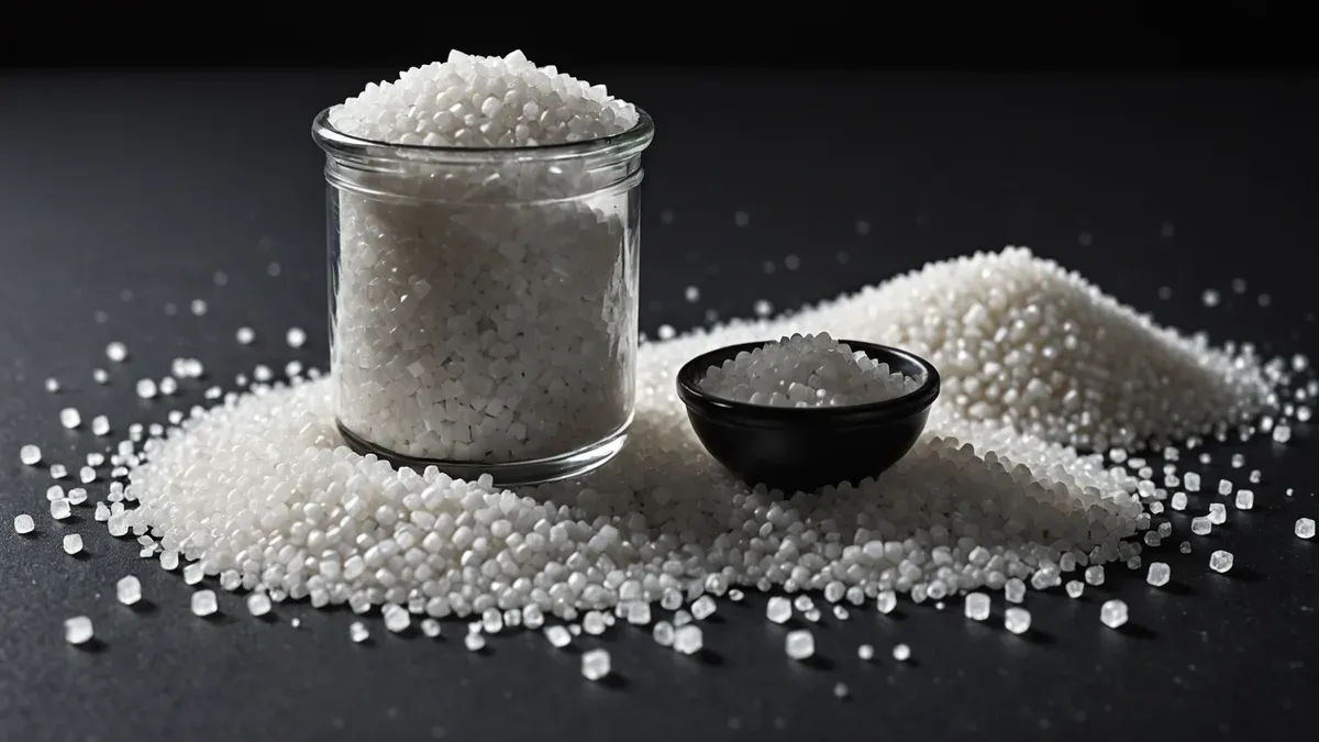 Gros sel blanc en tas sur une ardoise sombre, avec un bocal de verre rempli de cristaux et une coupelle noire, grains épars au premier plan
