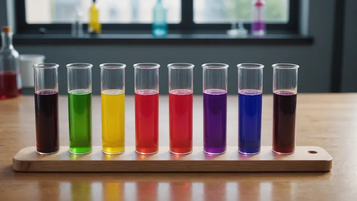 Rangée de tubes à essai sur un support en bois, remplis de liquides rouges, vert, jaune, violet et bleu