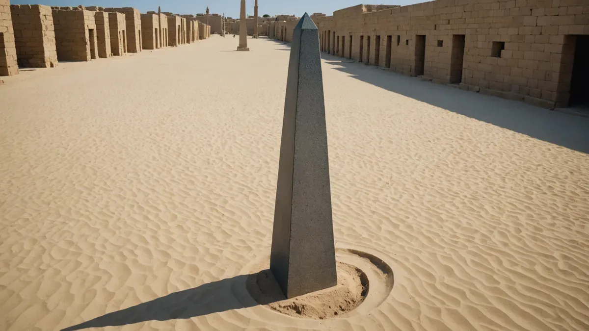 Obélisque de pierre grise sans inscription projetant son ombre sur le sable, dans une cour bordée de murs antiques