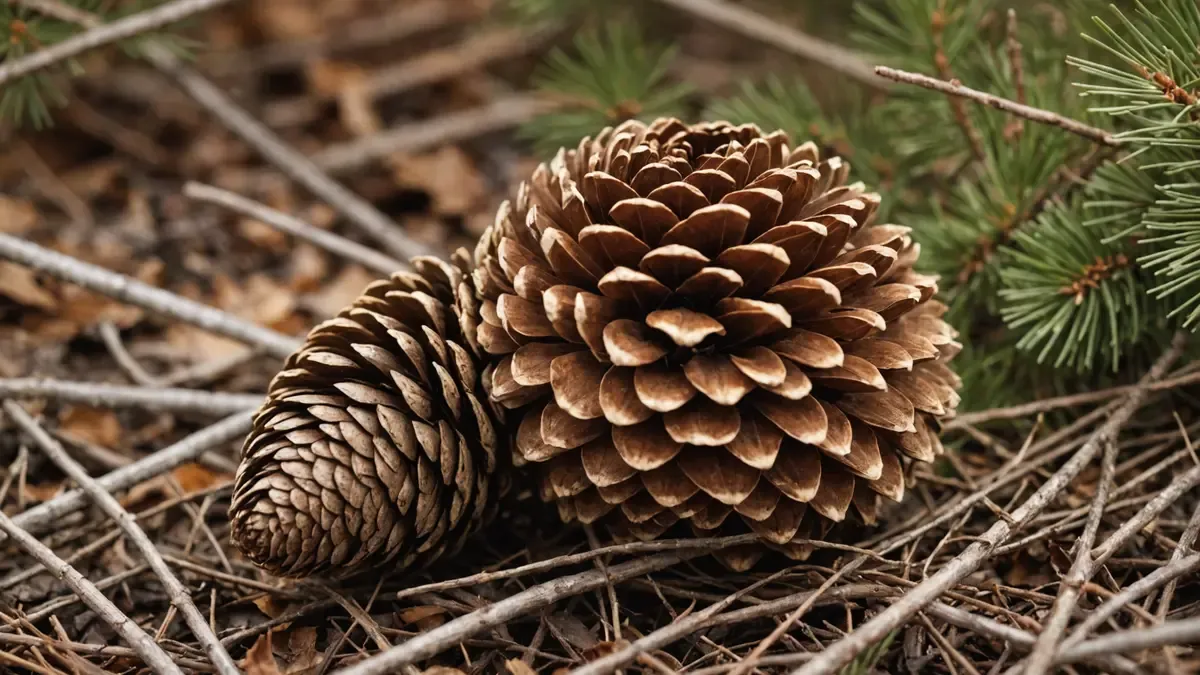 Deux pommes de pin brunes posées sur des aiguilles sèches, leurs écailles disposées en spirales croisées