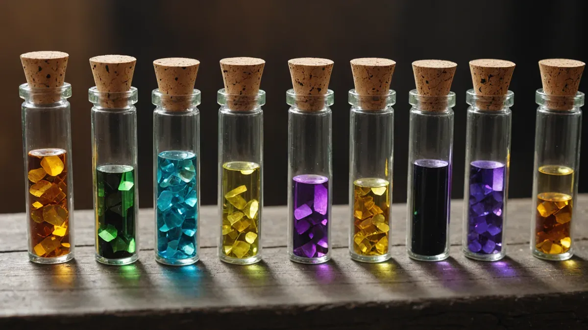 Rangée de fioles de verre bouchées de liège contenant des cristaux de différentes couleurs, sur un plan de travail en bois