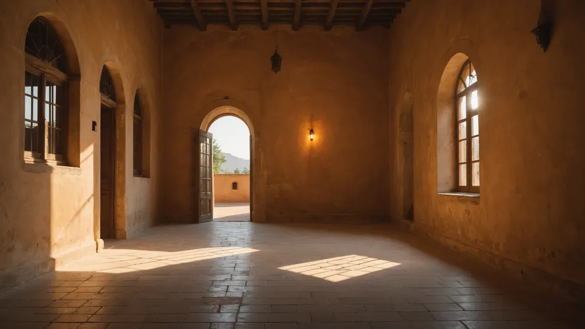 Salle vide aux murs ocre d'une vieille bâtisse, le soleil entrant par les fenêtres cintrées et par une porte ouverte projette des rectangles clairs sur le sol de tomettes