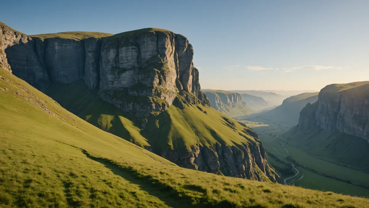Hautes falaises calcaires dominant une vallée verdoyante sous la lumière rasante du matin, une pente herbeuse au premier plan